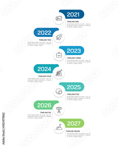 Business timeline 7 years. Vertical Infographic design template for business. Milestone, Anniversary, Planning, and Roadmap. Vector illustration.