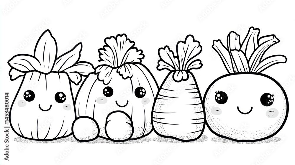 Fototapeta premium Cute cartoon vegetables, coloring page, white background, healthy food