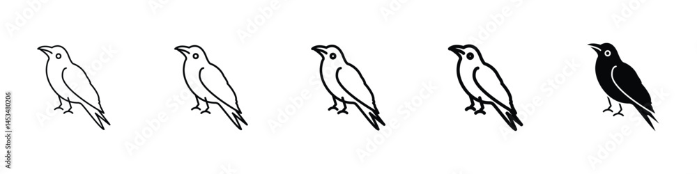 Fototapeta premium Set of 5 pixel perfect raven icon with 1 unexpanded, 1 silhouette, A perched raven bird icon in profile with sharp beak and feathers.