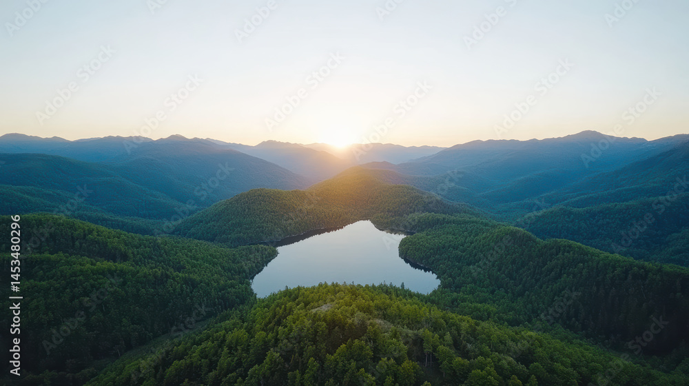 Fototapeta premium Breathtaking mountain landscape with serene lake reflecting soft golden light at sunrise