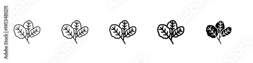 Set of 5 pixel perfect spinach icon with 1 unexpanded, 1 silhouette, An icon of a leafy spinach bunch representing fresh greens.