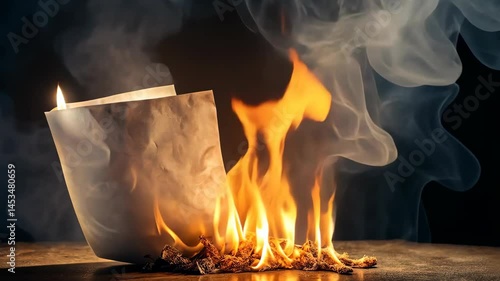 White paper slowly burns next to a pile of burning kindling, emitting smoke.