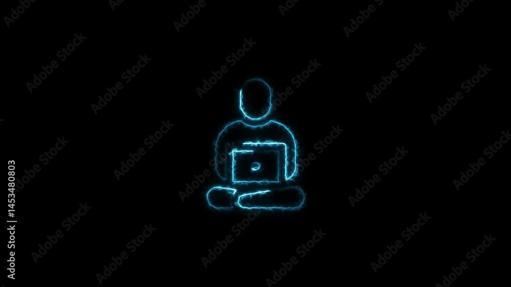 Neon online working icon animation.Student man sitting with laptop bulbs idea animation. Neon online working icon animation.Student man sitting with laptop bulbs idea animation.