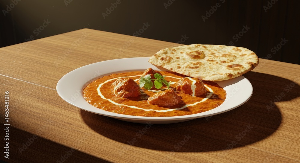 Fototapeta premium Serving of Indian Curry with Bread on a White Plate