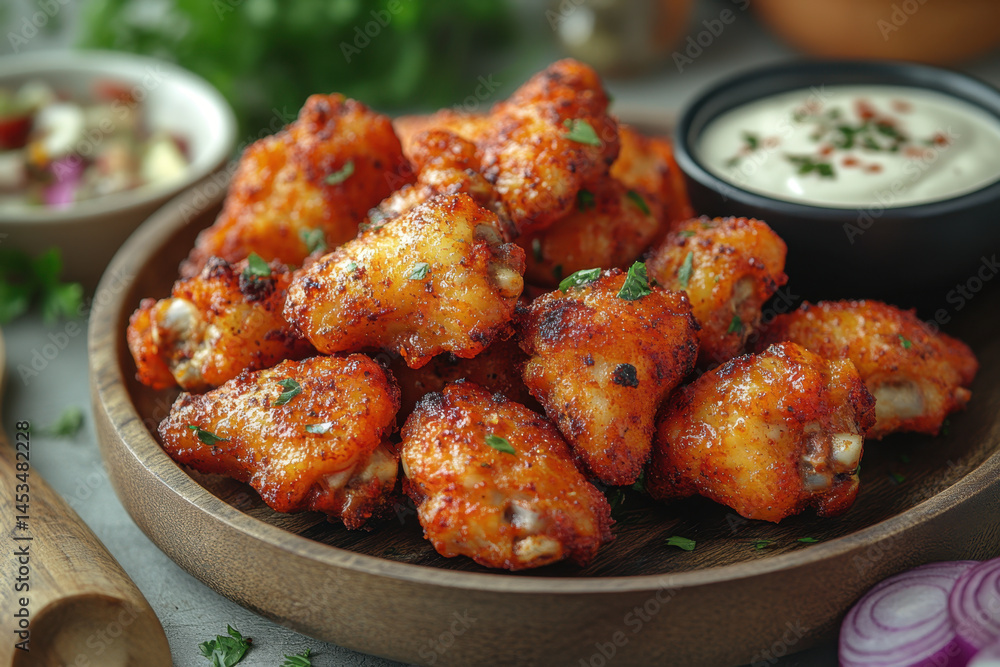 Delicious fried chicken wings with assorted dips in a bowl. Delicious fried chicken wings with assorted dips in a bowl.
