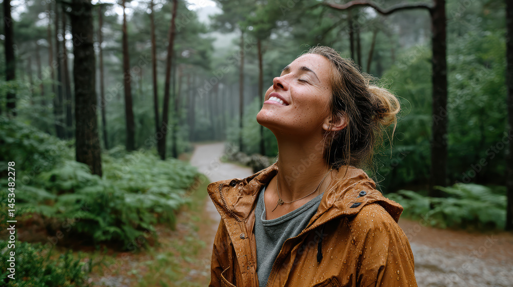 Person enjoying nature, taking deep breath in foggy forest, surrounded by greenery and rain Person enjoying nature, taking deep breath in foggy forest, surrounded by greenery and rain