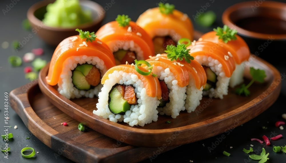 Colorful sushi platter, wasabi, ginger, soy sauce, raw, food, seaweed Colorful sushi platter, wasabi, ginger, soy sauce, raw, food, seaweed