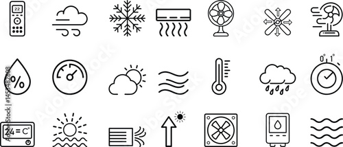 Climate Control and Weather Line Icons – Vector Set Featuring Thermometer, Air Conditioner, Fan, Humidity, Temperature, Wind, and Forecast Symbols for HVAC, UI, and Environmental Design