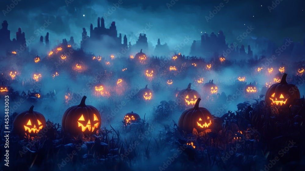 background of a pumpkin patch at night, with carved jack-o'-lanterns glowing softly, surrounded by fog and shadows background of a pumpkin patch at night, with carved jack-o'-lanterns glowing softly, surrounded by fog and shadows