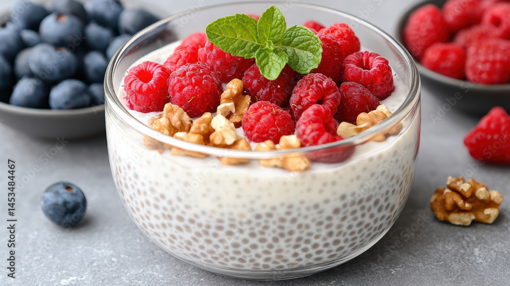Chia seed pudding topped with fresh berries and walnuts, creating healthy and delicious treat Chia seed pudding topped with fresh berries and walnuts, creating healthy and delicious treat