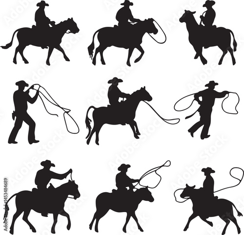 Cowboy Silhouette Vector Set: Western Riding, Lassoing, and Horseback Riding Illustrations for Graphic Design and Vintage Projects