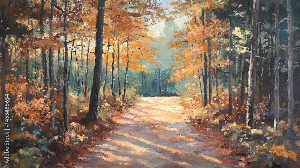 Obraz premium Sunlit Forest Path with Autumn Leaves
