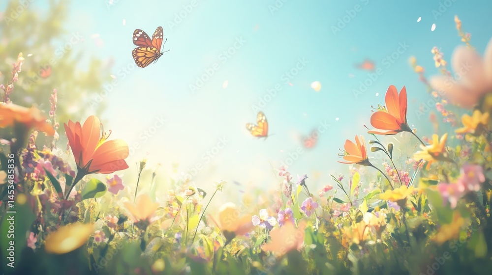Naklejka premium background of a sunny meadow filled with blooming flowers and butterflies fluttering around, realistic style, bright natural lighting, cheerful and ecological atmosphere