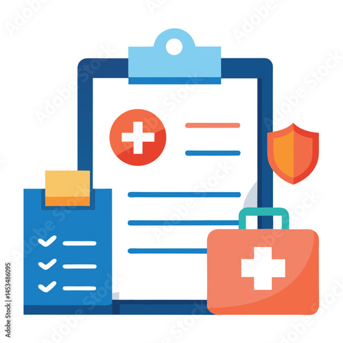 Medical clipboard features checklist, first aid kit, plus symbol, and shield icon