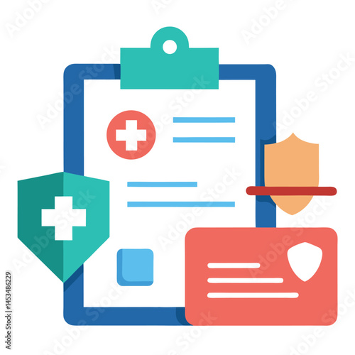 Medical record on clipboard displays protection with shield and medical plus icons against transparent backdrop