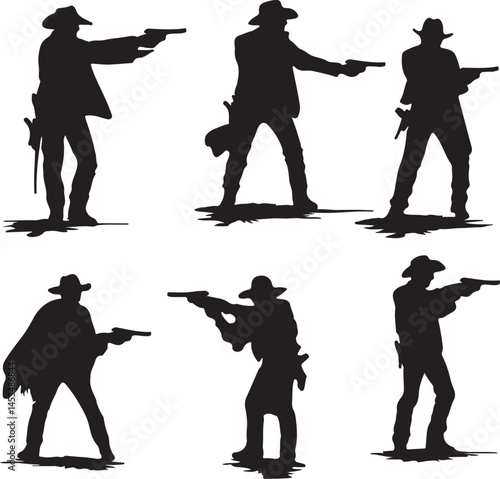 Silhouette Cowboys Gunfight Vector: Western Outlaws Duel Illustration, Vintage Wild West Clip Art, Gunslingers Showdown Graphics