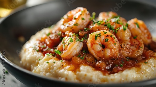 A bowl of shrimp and grits with parsley on top