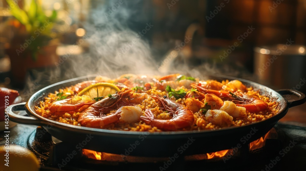 A large pan of Spanish paella with shrimp and vegetables. A large pan of Spanish paella with shrimp and vegetables.