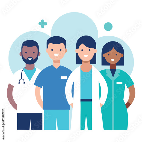 Multiracial medical team wearing scrubs and lab coats stand together smiling warmly with transparent background
