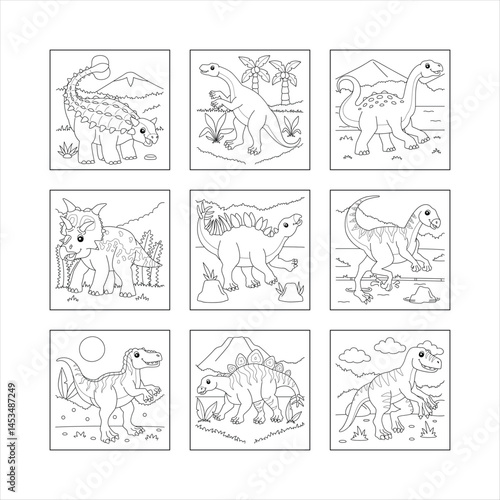 Collection Of Cute Cartoon Dinosaurs For Coloring Book Pages Design