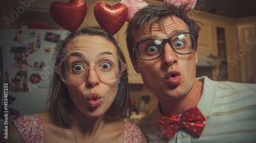 couple making funny faces with props at home