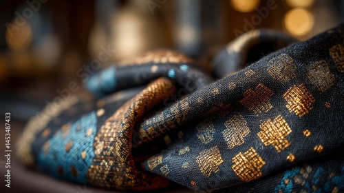 Elegant fabric texture in rich blue and gold tones with soft drape