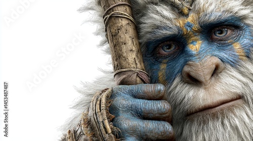 Realistic anthropomorphic creature with tribal markings and weapon