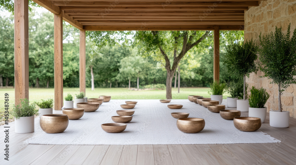 Fototapeta premium Serene meditation space with wooden bowls arranged on soft rug under canopy