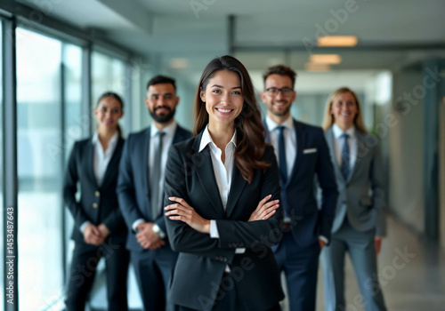 A confident young professional woman smiles with crossed arms, leading a diverse team in a bright, modern glass office.