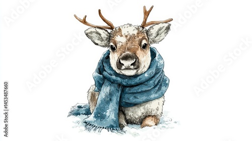 Cute Reindeer with Scarf Sitting in Snowy Environment
