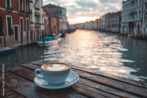 Enjoying coffee on a boat table with stunning canal views in Venice at sunset, Cup of coffee on boat table with canal view in Venice ing