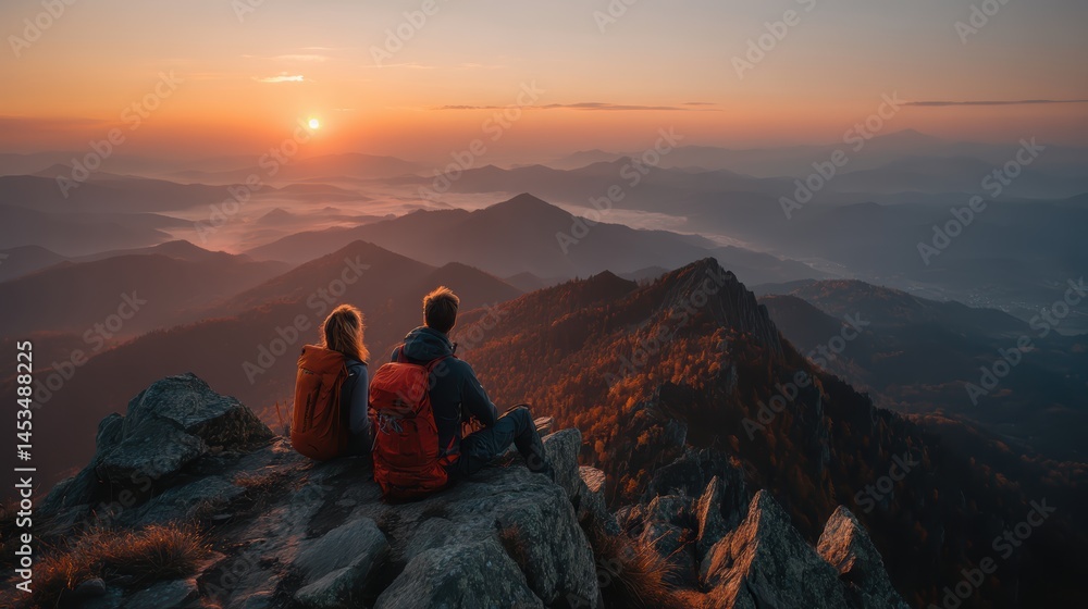 Fototapeta premium couple watching sunrise from mountain peak with backpacks
