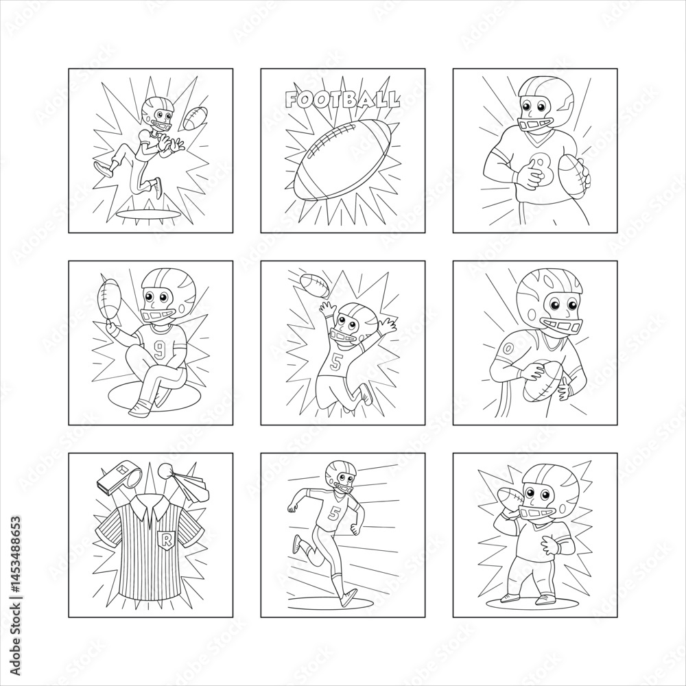 Fototapeta premium American Football Cartoon Outline Illustrations Set With Player Referee And Ball Coloring Page