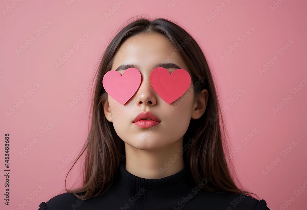 The girl closes her eyes with paper hearts and sends an air kiss isolated on a pink background in the studio. Valentine's Day. Emotion girl in love The girl closes her eyes with paper hearts and sends an air kiss isolated on a pink background in the studio. Valentine's Day. Emotion girl in love
