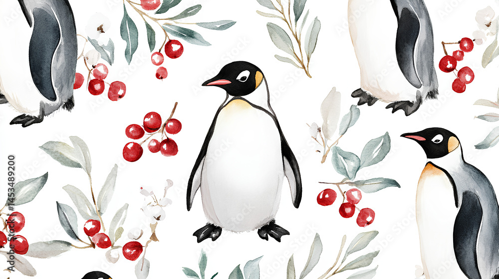 Obraz premium watercolor seamless pattern with penguins, red berries and green leaves, background winter decor, wrapping and fabric 