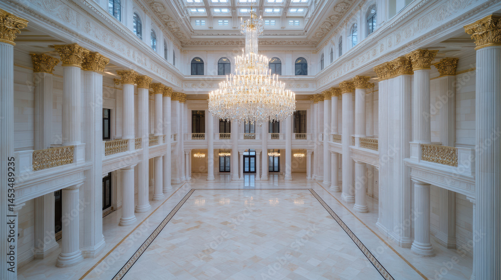 Fototapeta premium Luxurious chandelier hanging in ornate chamber with grand columns and marble flooring
