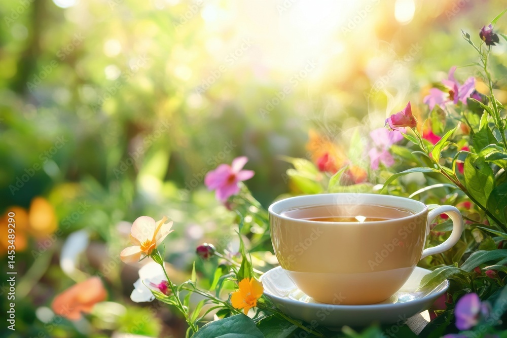 Enjoying a warm cup of tea surrounded by a colorful garden filled with blooming flowers in the sunlight, Cup of tea in a blooming garden with vibrant flowers and morning sunlight Relaxing garden Enjoying a warm cup of tea surrounded by a colorful garden filled with blooming flowers in the sunlight, Cup of tea in a blooming garden with vibrant flowers and morning sunlight Relaxing garden