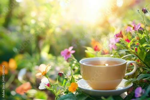 Enjoying a warm cup of tea surrounded by a colorful garden filled with blooming flowers in the sunlight, Cup of tea in a blooming garden with vibrant flowers and morning sunlight Relaxing garden