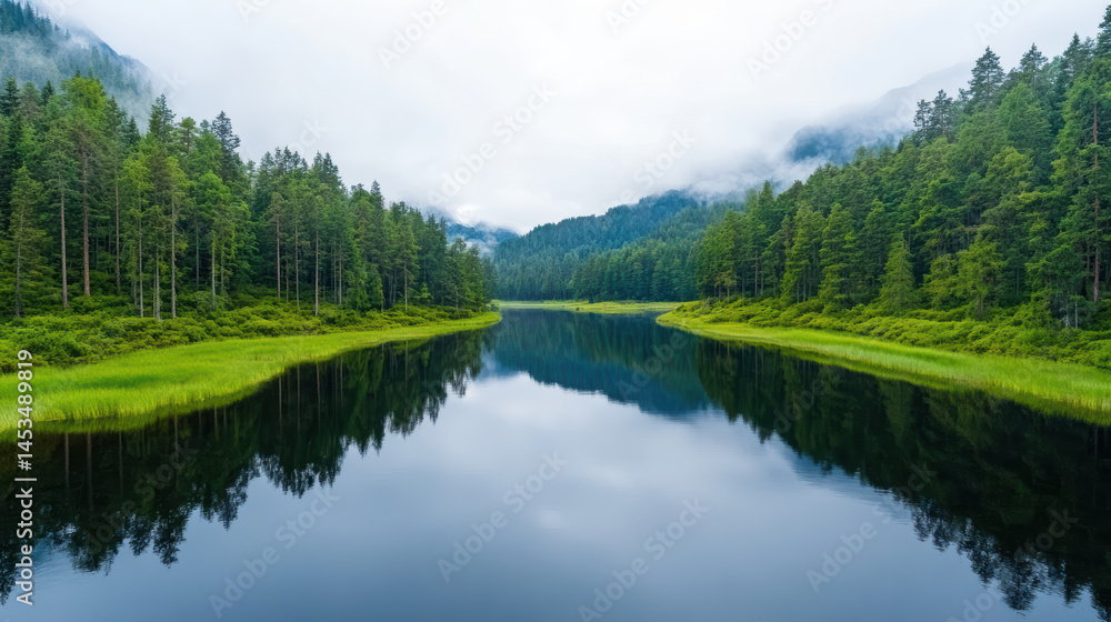 Lush forest reflections in serene lake under foggy sky create tranquil atmosphere Lush forest reflections in serene lake under foggy sky create tranquil atmosphere