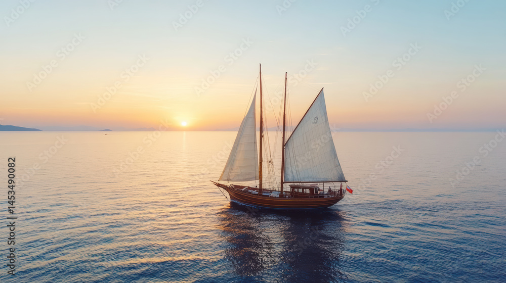 Fototapeta premium Sailboat gliding on calm waters at sunrise, creating serene atmosphere