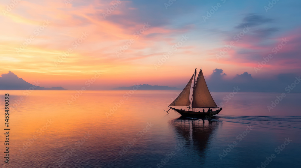 Fototapeta premium Sailboat gliding across calm waters at sunset, creating serene atmosphere