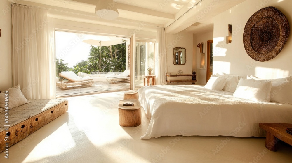 Fototapeta premium House interior backdrop, warm white bedroom with brilliant furnishings, natural wooden tables, contemporary style
