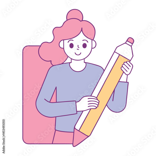 Smiling artist character is holding an oversized pencil with transparent background for designers today