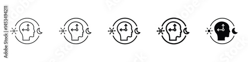Set of 5 pixel perfect Circadian rhythms icon with 1 unexpanded, 1 silhouette, A moon and sun clock icon indicating biological rhythms.
