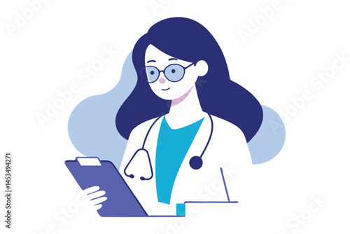 Smiling female doctor with glasses is holding a blue clipboard and reviewing notes