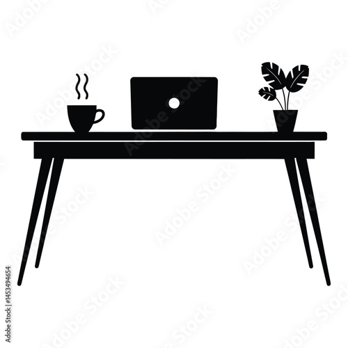 Minimalist Black Vector Silhouette of a Modern Office Desk Isolated on White Background