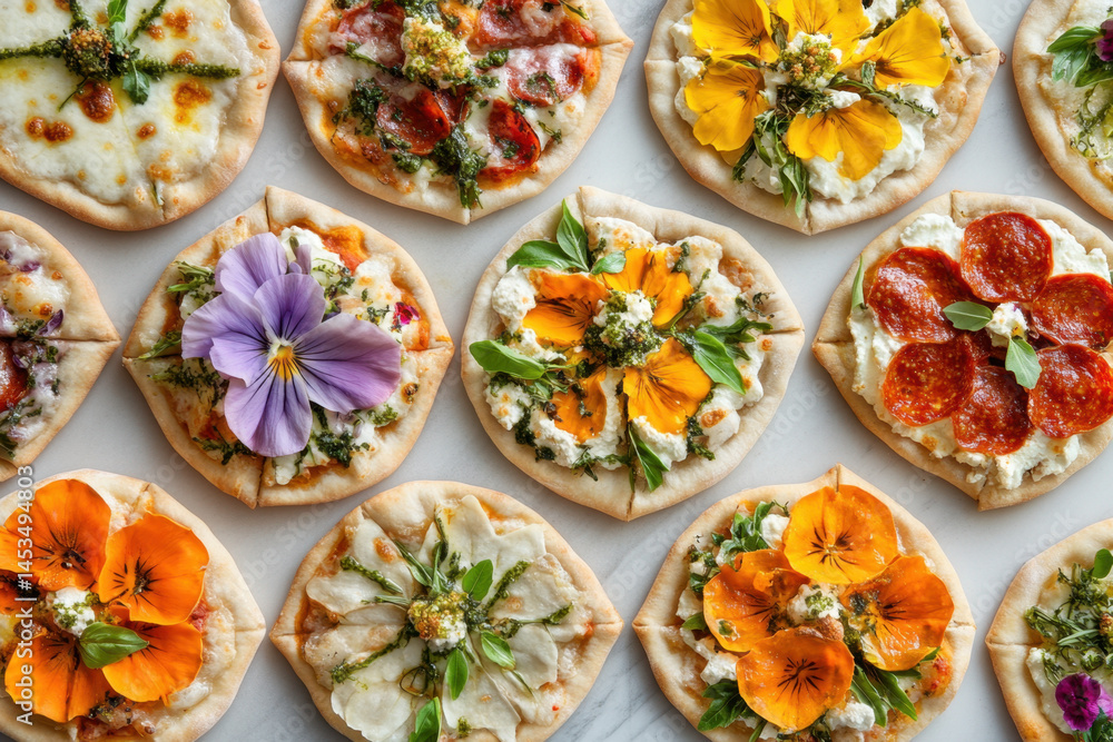 Small pizzas adorned with flowers. Small pizzas adorned with flowers.