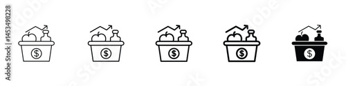 Set of 5 pixel perfect Food inflation icon with 1 unexpanded, 1 silhouette, An icon showing an upward graph with a food item like bread or apple.