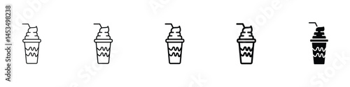 Set of 5 pixel perfect Frappe icon with 1 unexpanded, 1 silhouette, A cold beverage in a takeaway cup icon with a straw and froth.