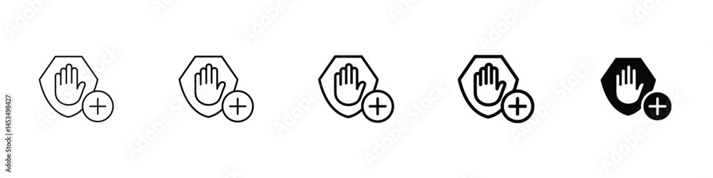 Fototapeta premium Set of 5 pixel perfect safety hand icon with 1 unexpanded, 1 silhouette, A raised open palm icon with a shield symbol denoting safety.